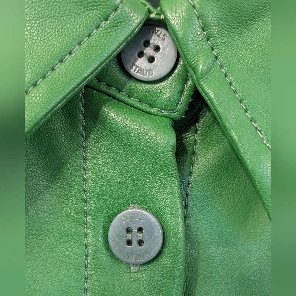 STAUD Dress Womens XS Blaze Belted Faux Leather Green Mini Shirt Dress Dopamine - Picture 6 of 9